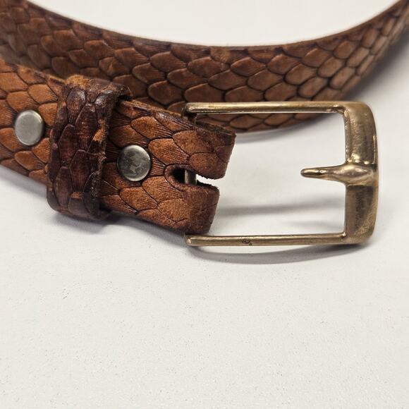 70s Handmade Top Grain Cowhide Leather Belt Sz 40 Solid Bronze Buckle Embossed - Picture 2 of 9